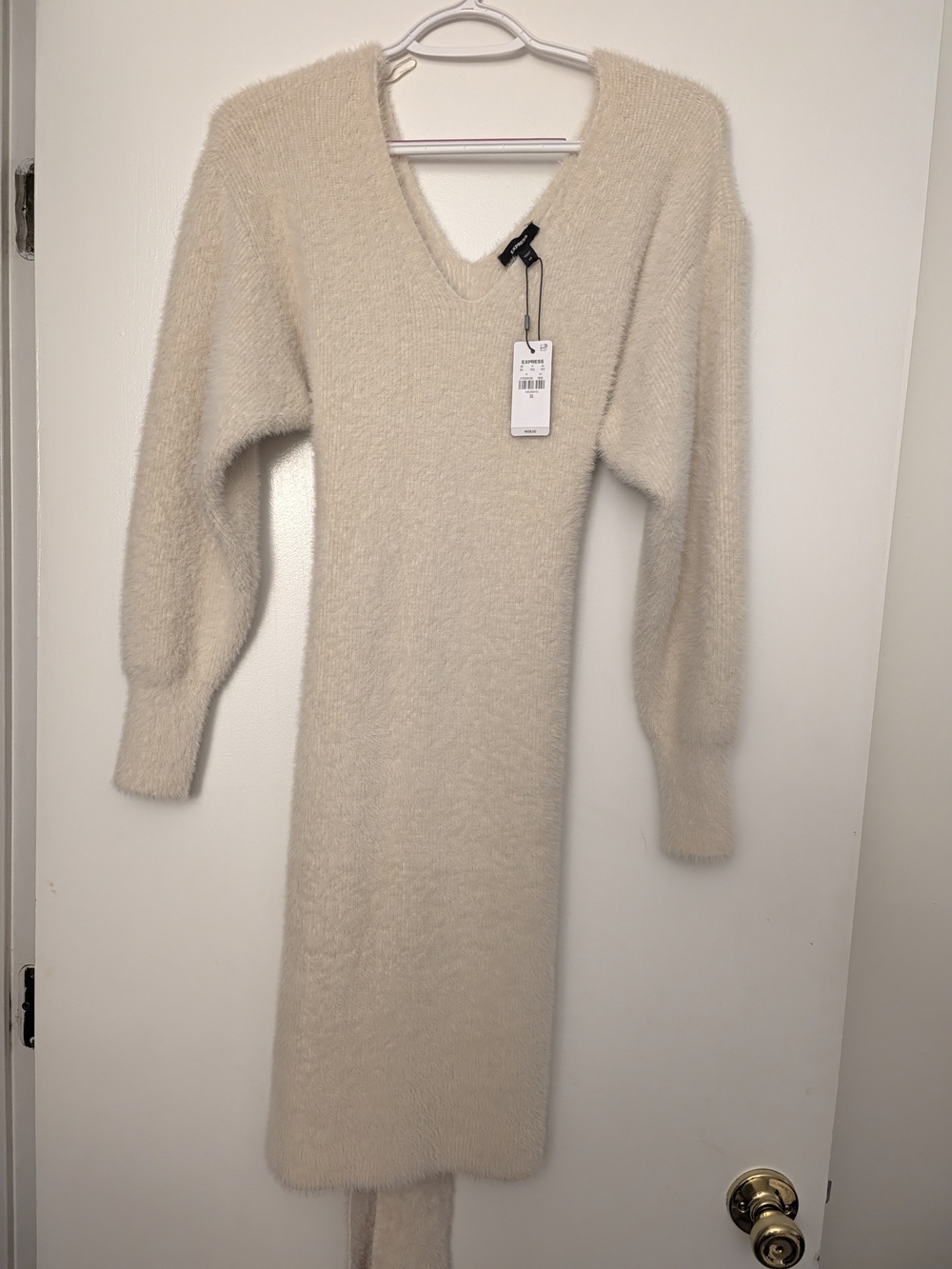 Express Cream V-Neck Midi Knit Dress